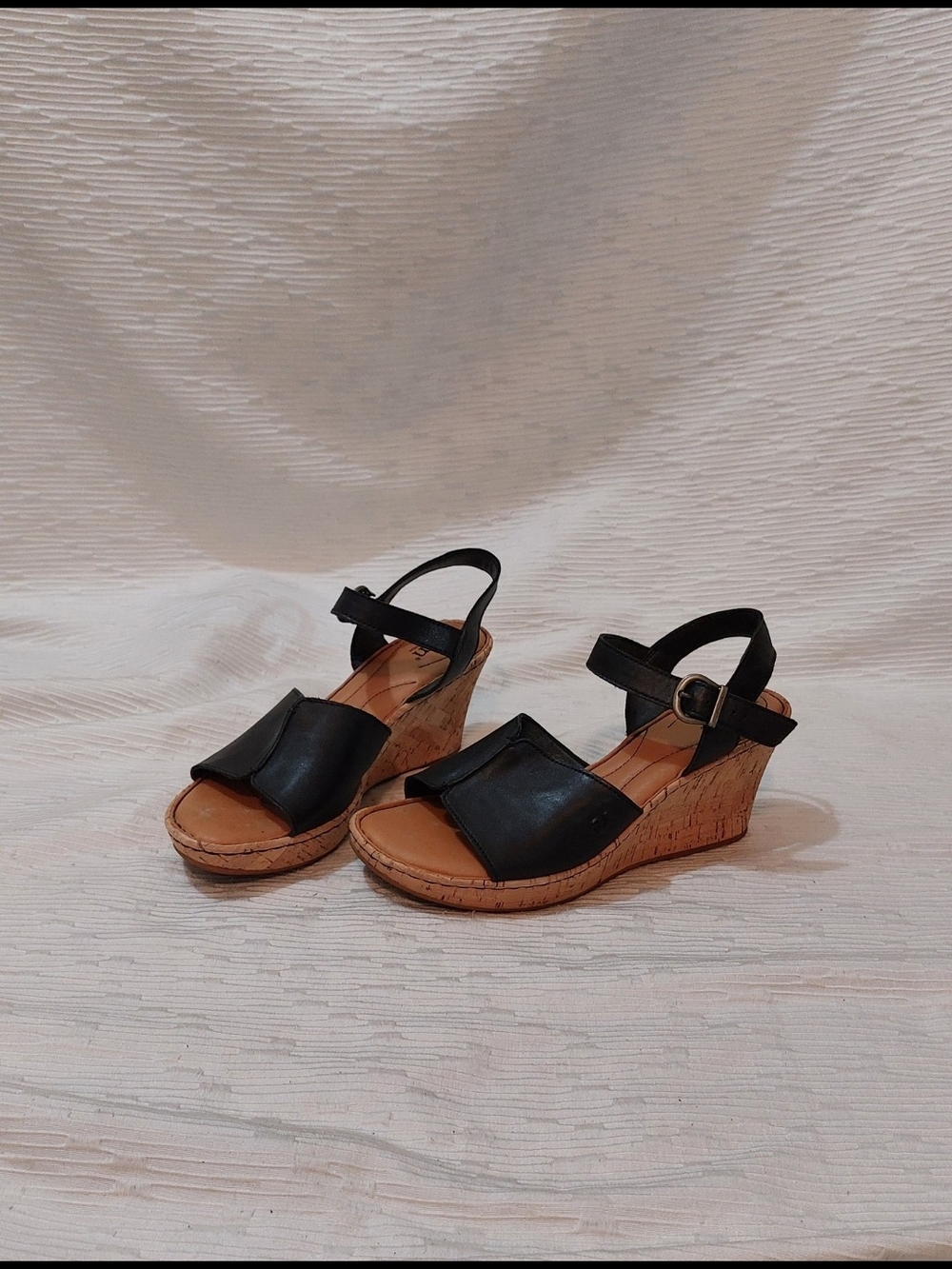 Born Black Leather Wedge Sandals with Cork Heel Women's Size 10M